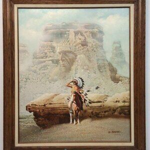 Vintage Oil Painting On Canvas Indian Chief On Horse Southwest G Bogard